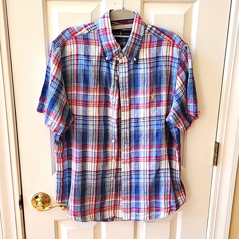 Men's 🩵💙 RALPH LAUREN 💯 Linen Short Sleeve Shirt Red, White & Blue Plaid Sz S